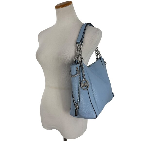 Michael Kors Blue Pebbled Leather Shoulder Bag With Chain Straps & MK Logo Charm - Picture 16 of 16